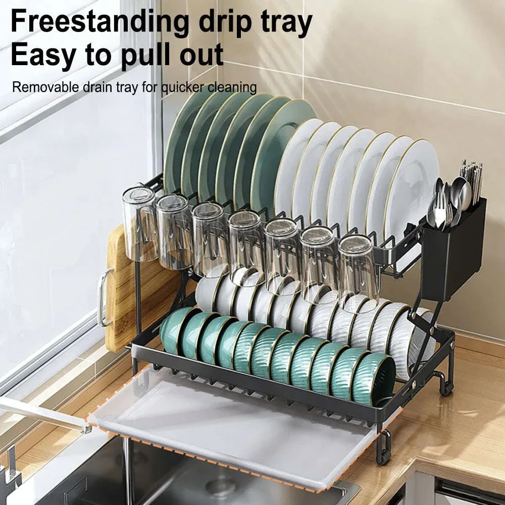 Two-Tier Foldable Over Sink Dish Rack with Utensil & Board Holder - Image 3