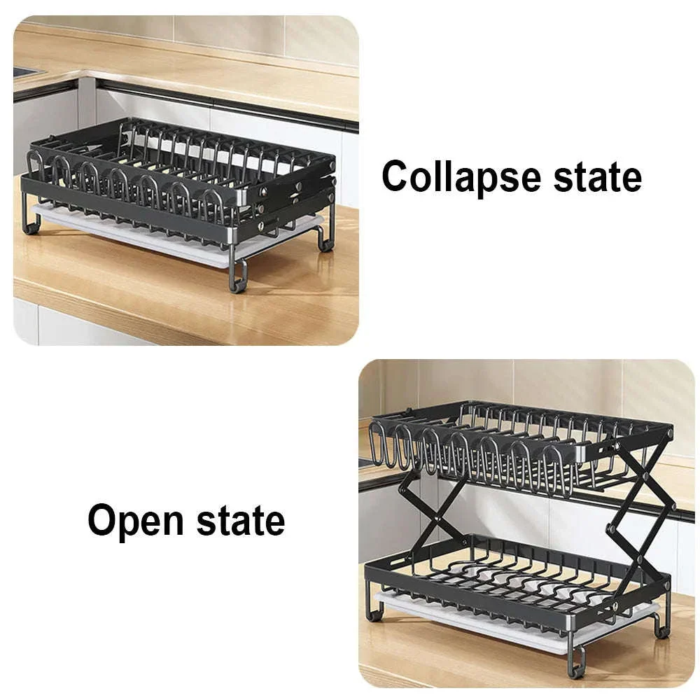 Two-Tier Foldable Over Sink Dish Rack with Utensil & Board Holder - Image 5