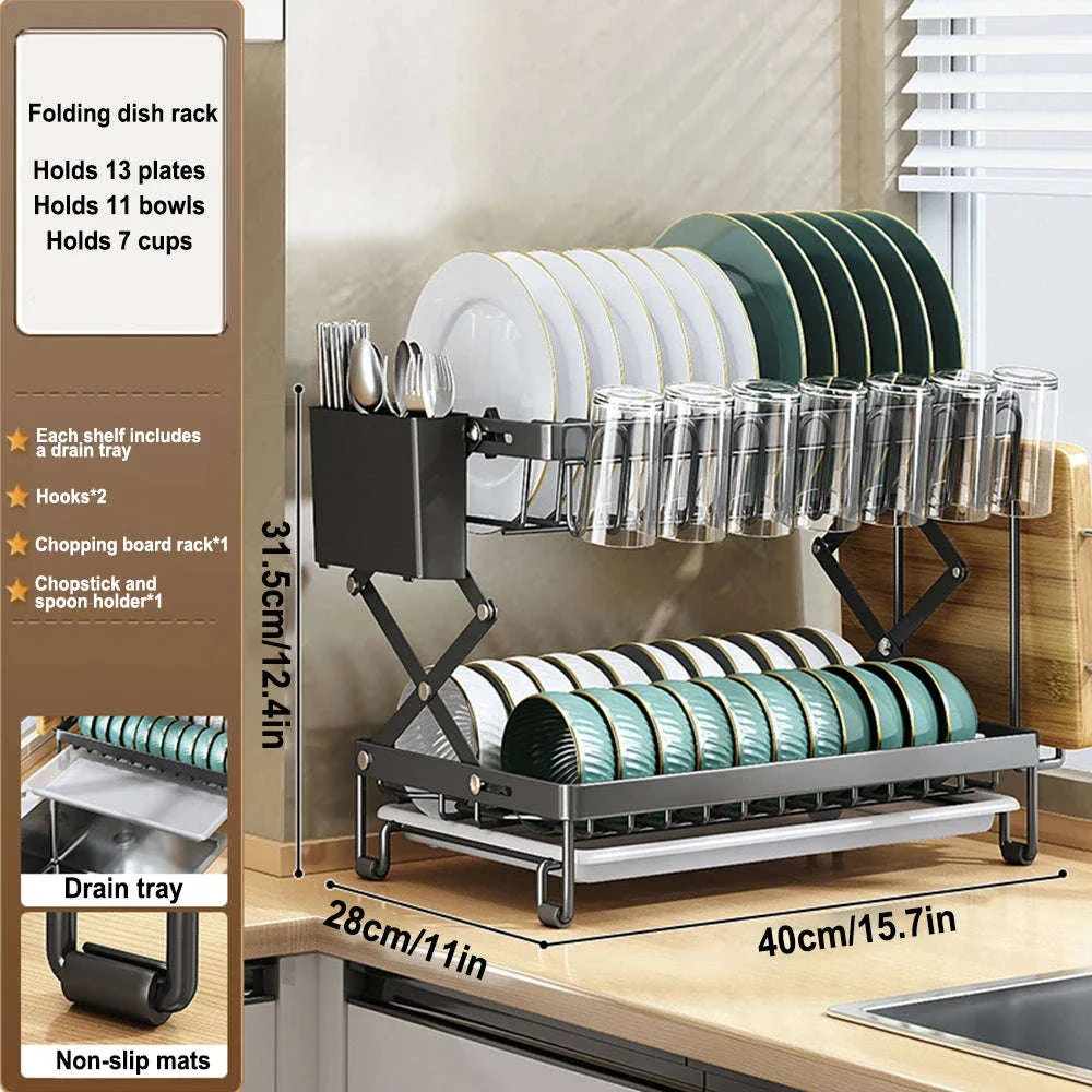 Two-Tier Foldable Over Sink Dish Rack with Utensil & Board Holder - Image 6
