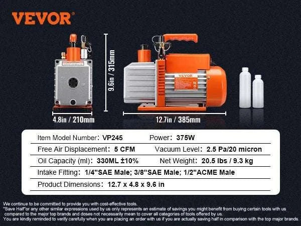 VEVOR HVAC Vacuum Pump 3.5–7 CFM 1 & 2 Stage AC120V - Image 32