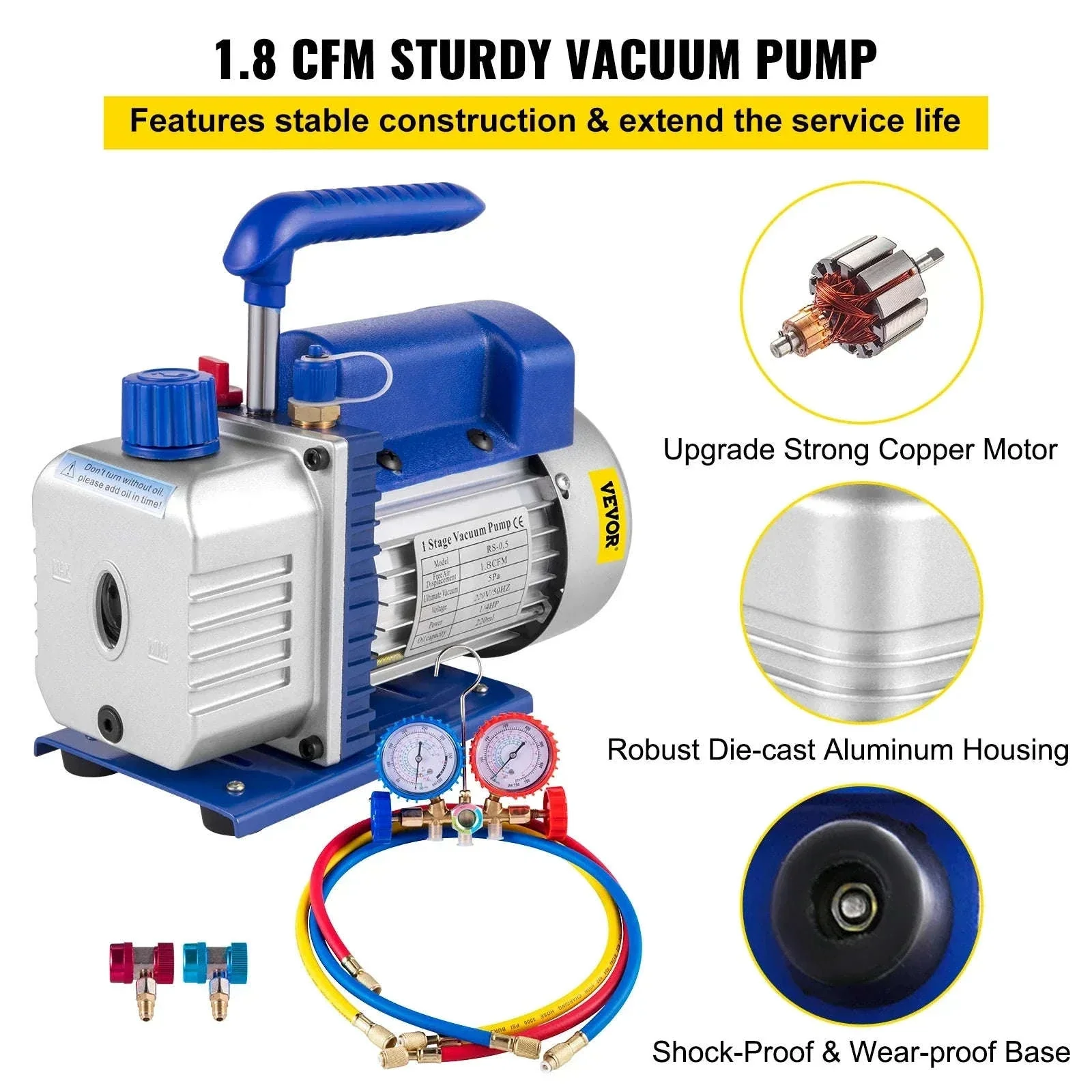 1.8CFM HVAC Vacuum Pump Kit with Manifold Gauge & Hoses - Image 2
