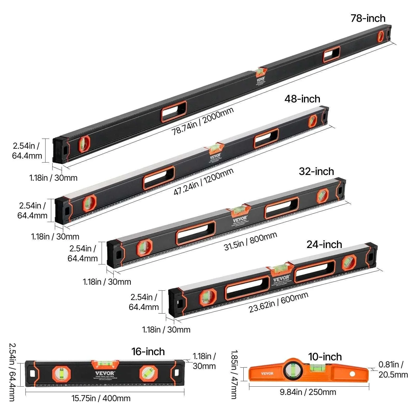 6-Piece Magnetic Torpedo Level Set with 3 Vials (10–78 Inch) - Image 9