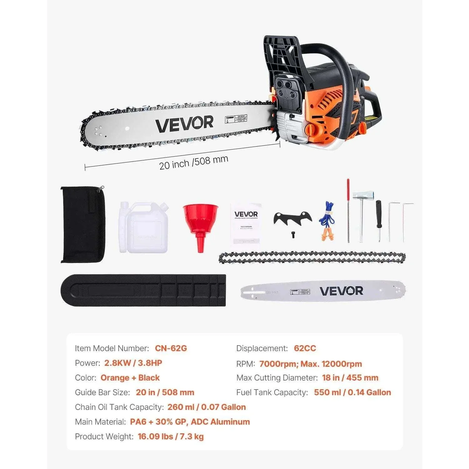 62cc Gas Chainsaw 3.8HP 20-Inch Bar for Cutting Large Wood - Image 6