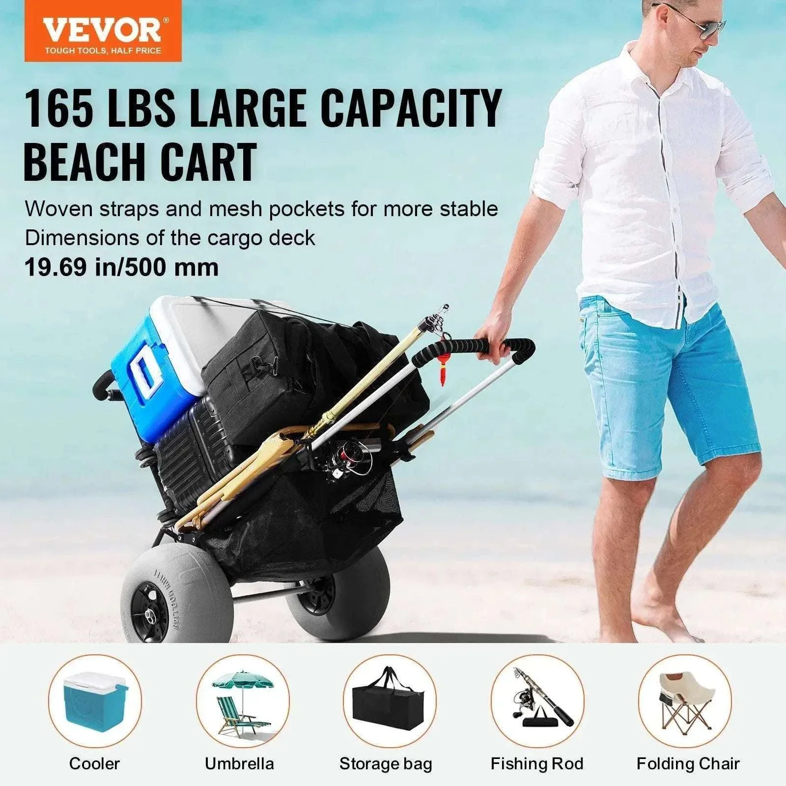 Beach Dolly Cart with 12" Balloon Wheels, 165lb Capacity Foldable - Image 2