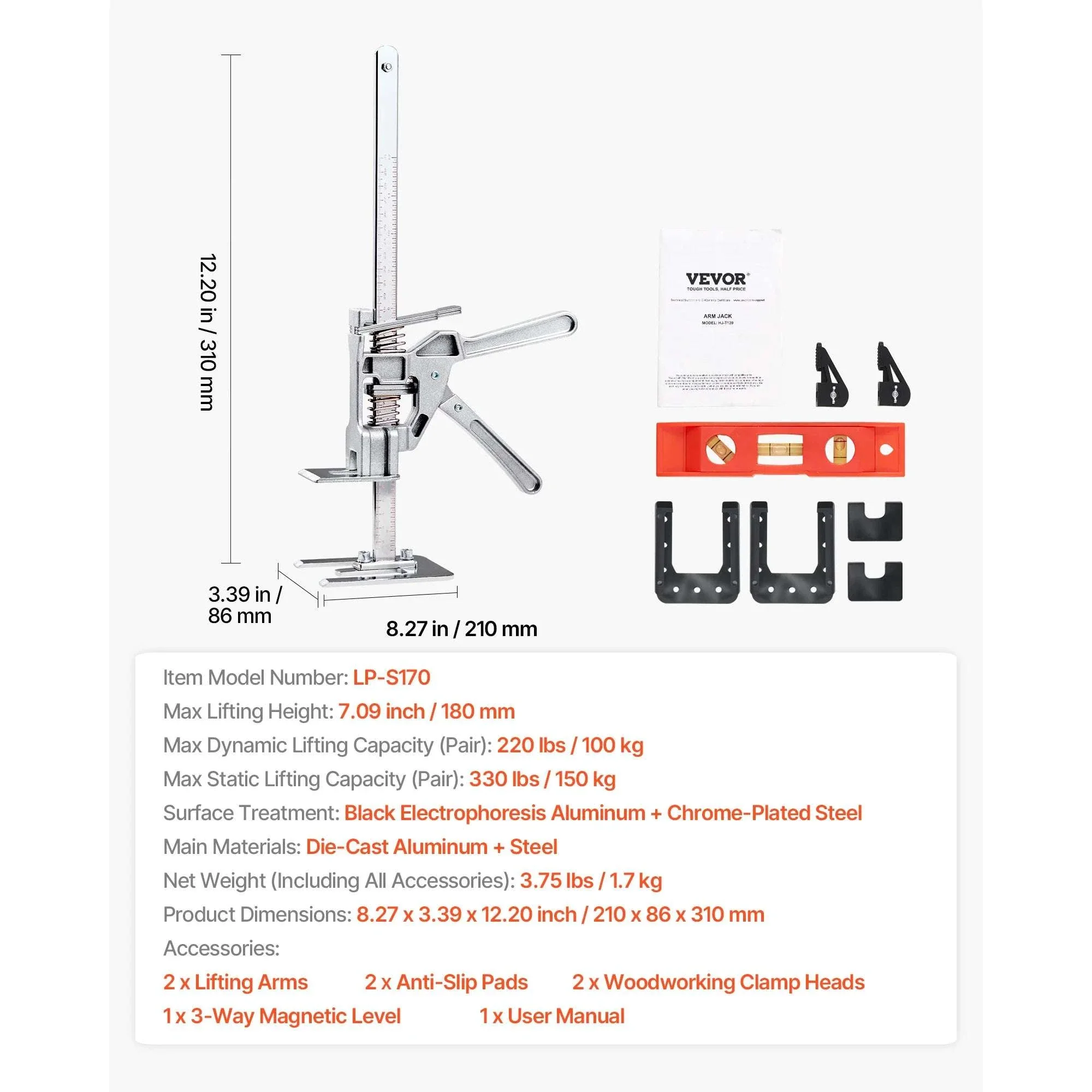 Labor Saving Arm Jack 2PCS 330 lbs Capacity 7.1" Lift Tool - Image 14