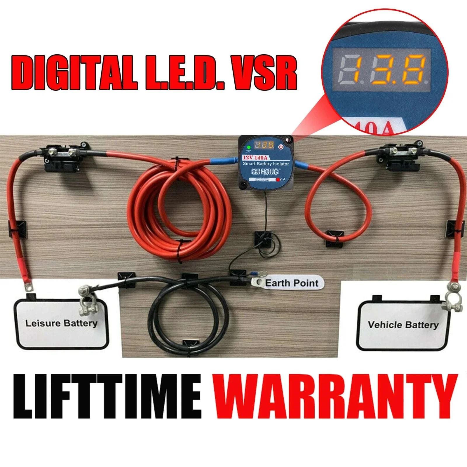 12V Split Charge Relay Kit 140A VSR with Voltmeter for Dual Battery - Image 2