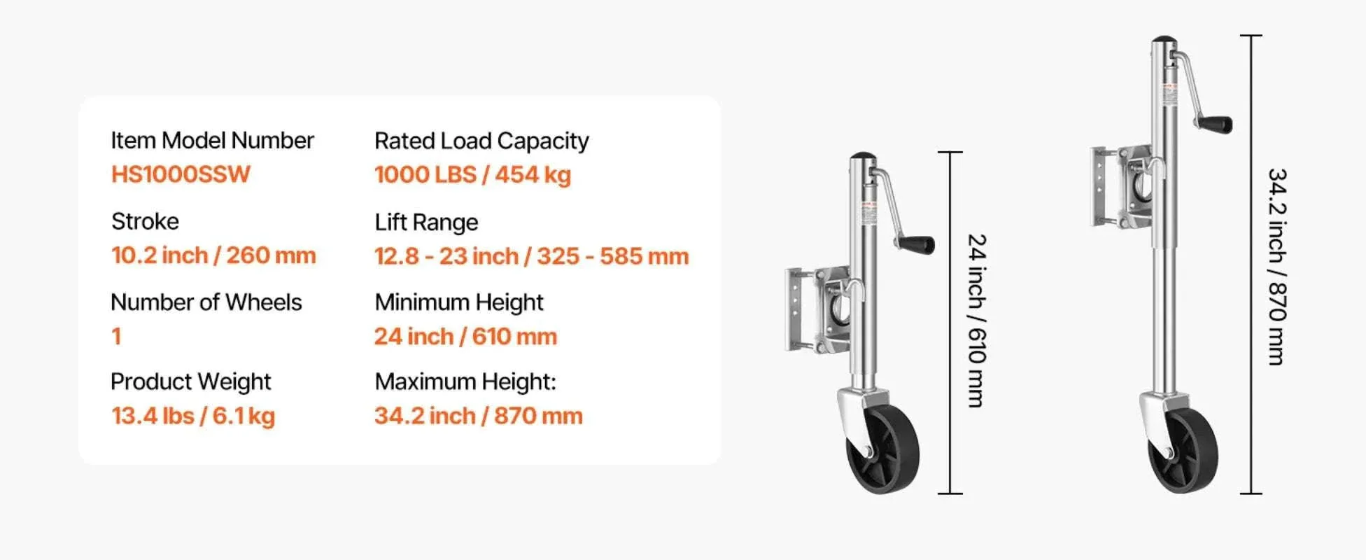 1000 lb Trailer Jack with Wheel, Swivel, 10" Lift for RV & Boat - Image 19