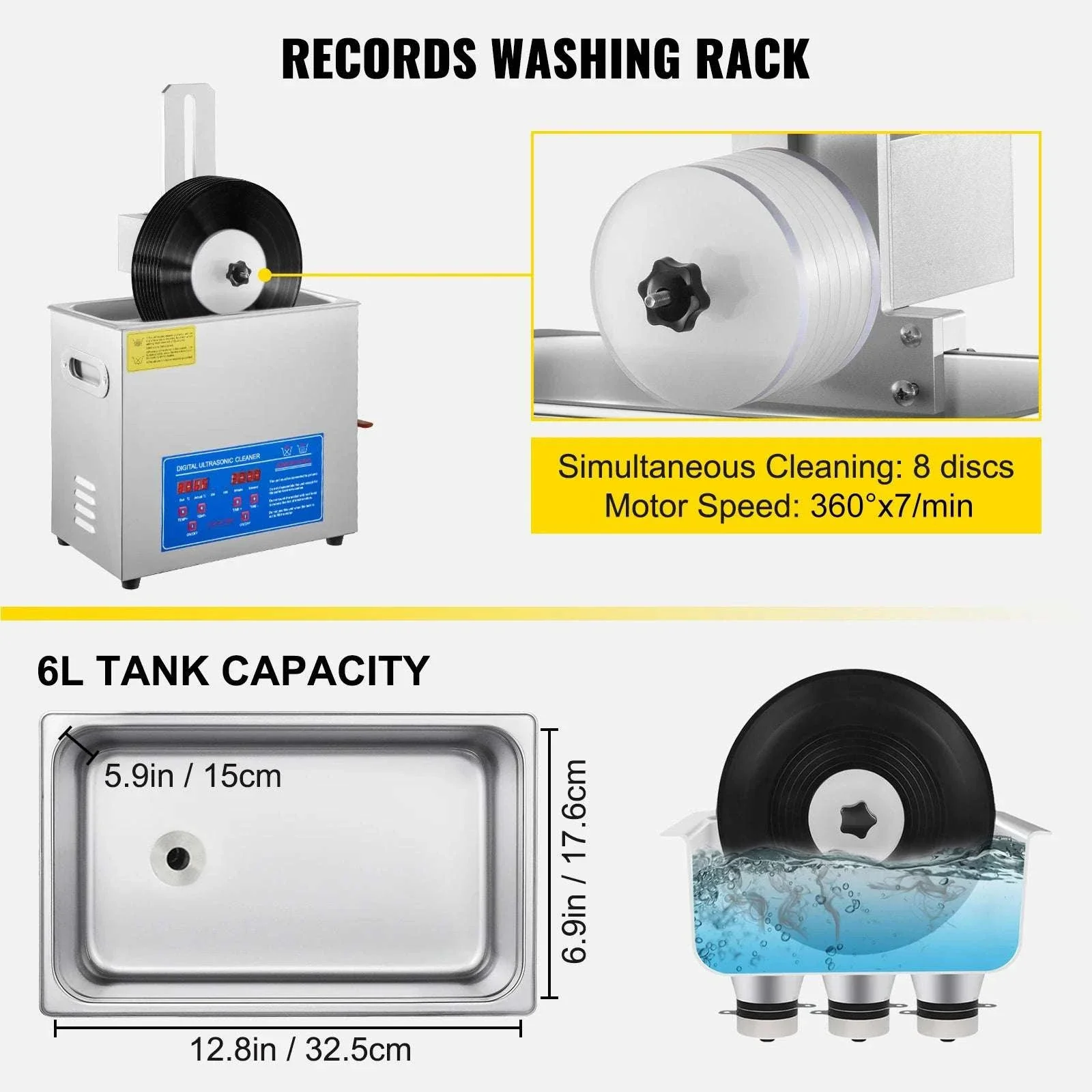 6L Ultrasonic Vinyl Record Cleaner with Drying Rack for 7–12" Records - Image 6