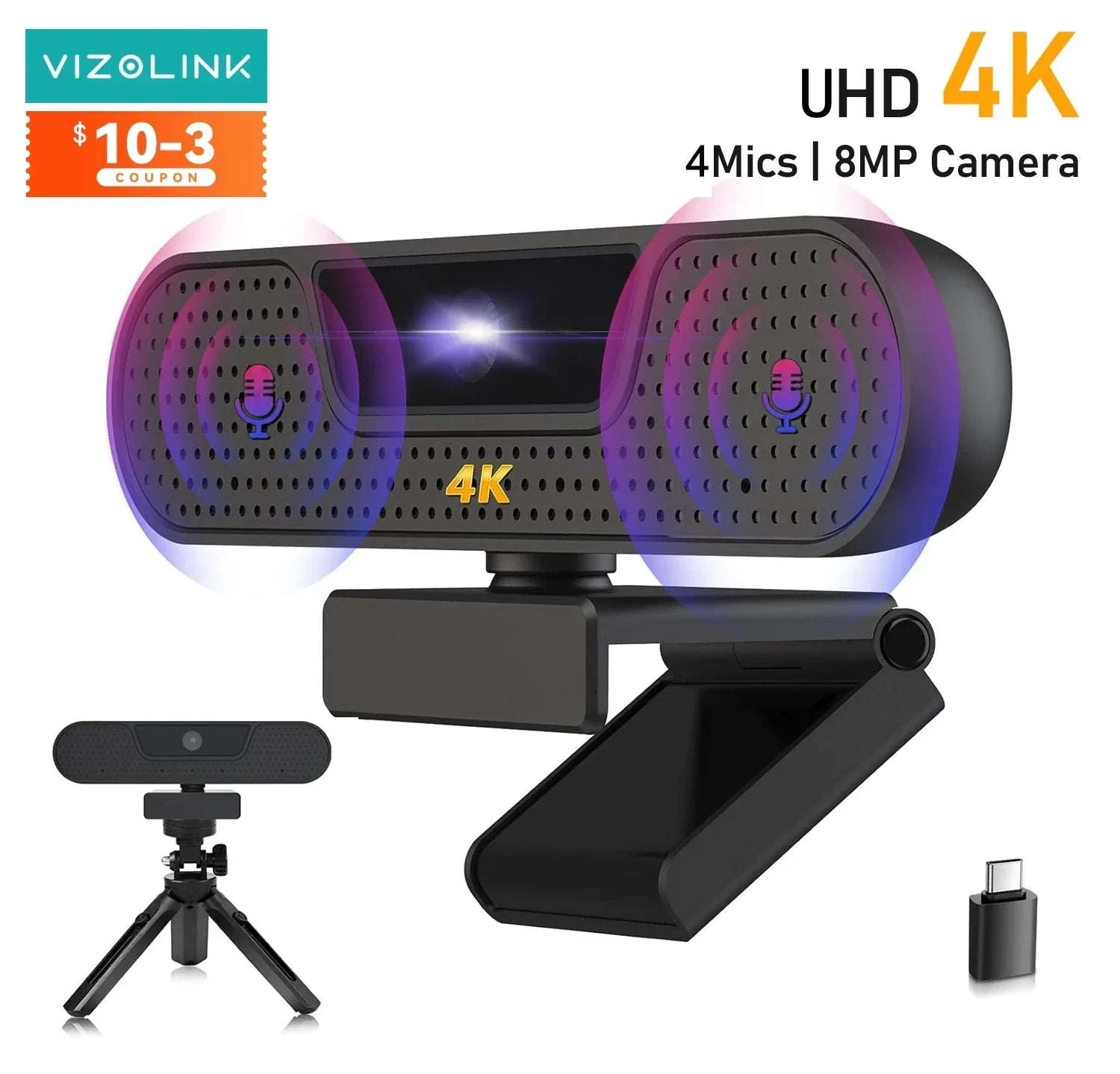 4K UHD Webcam with Autofocus, Noise-Cancelling Mics