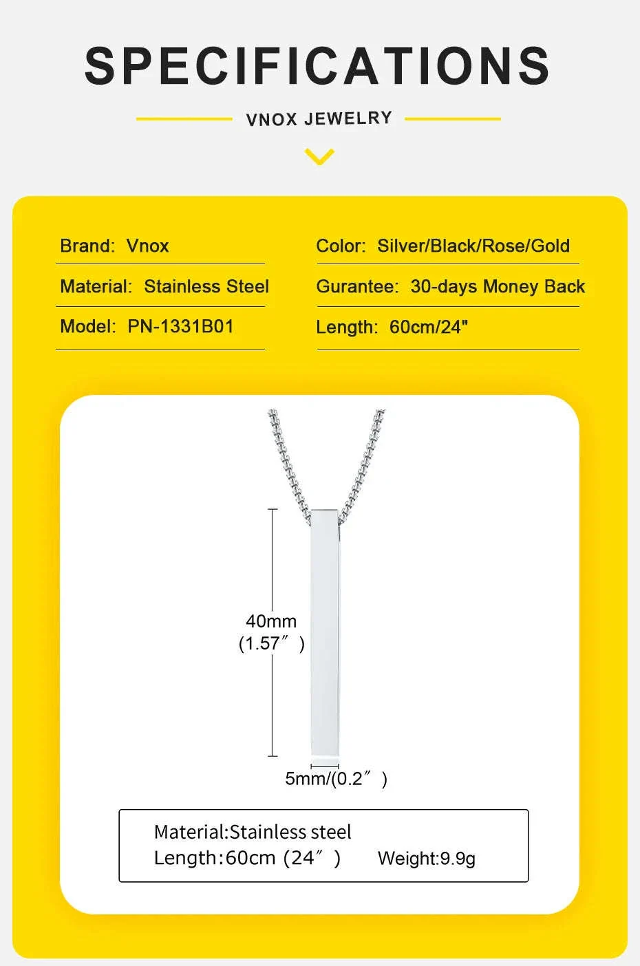 5mm Stainless Steel Pillar Necklace for Men & Women - Image 14