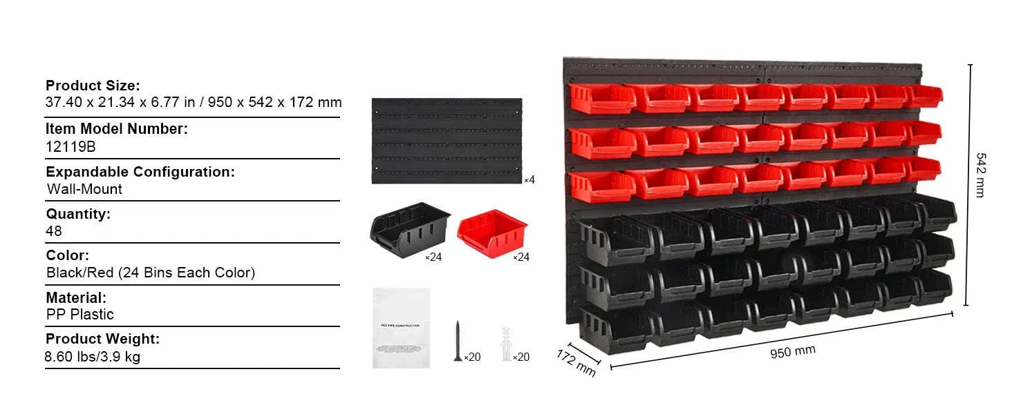 Wall Mounted Storage Bins Set with 48 Organizer Containers - Image 13