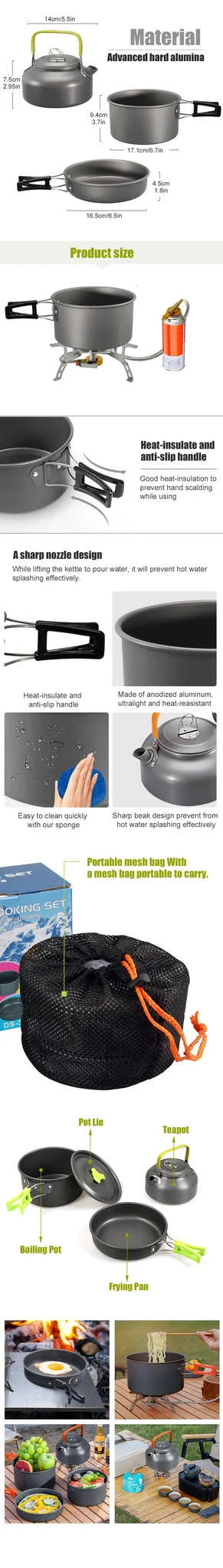 Camping Cookware Kit for 2-3 People with Pot, Pan and Teapot - Image 7