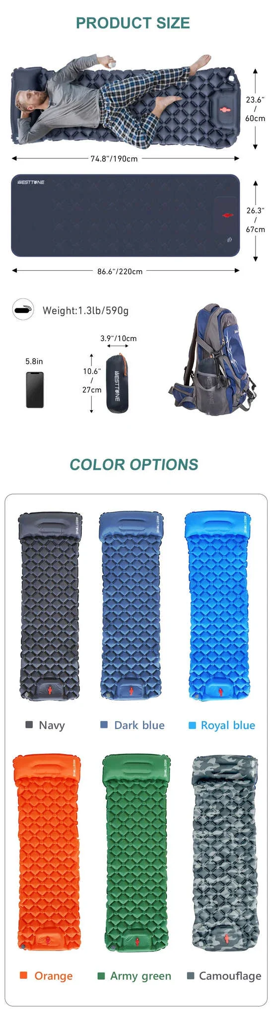 Inflatable Camping Mattress with Built-In Pump and Pillow - Image 11
