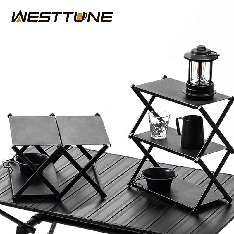 Camping Foldable Three-Tier Storage Shelf Rack for Outdoor Use