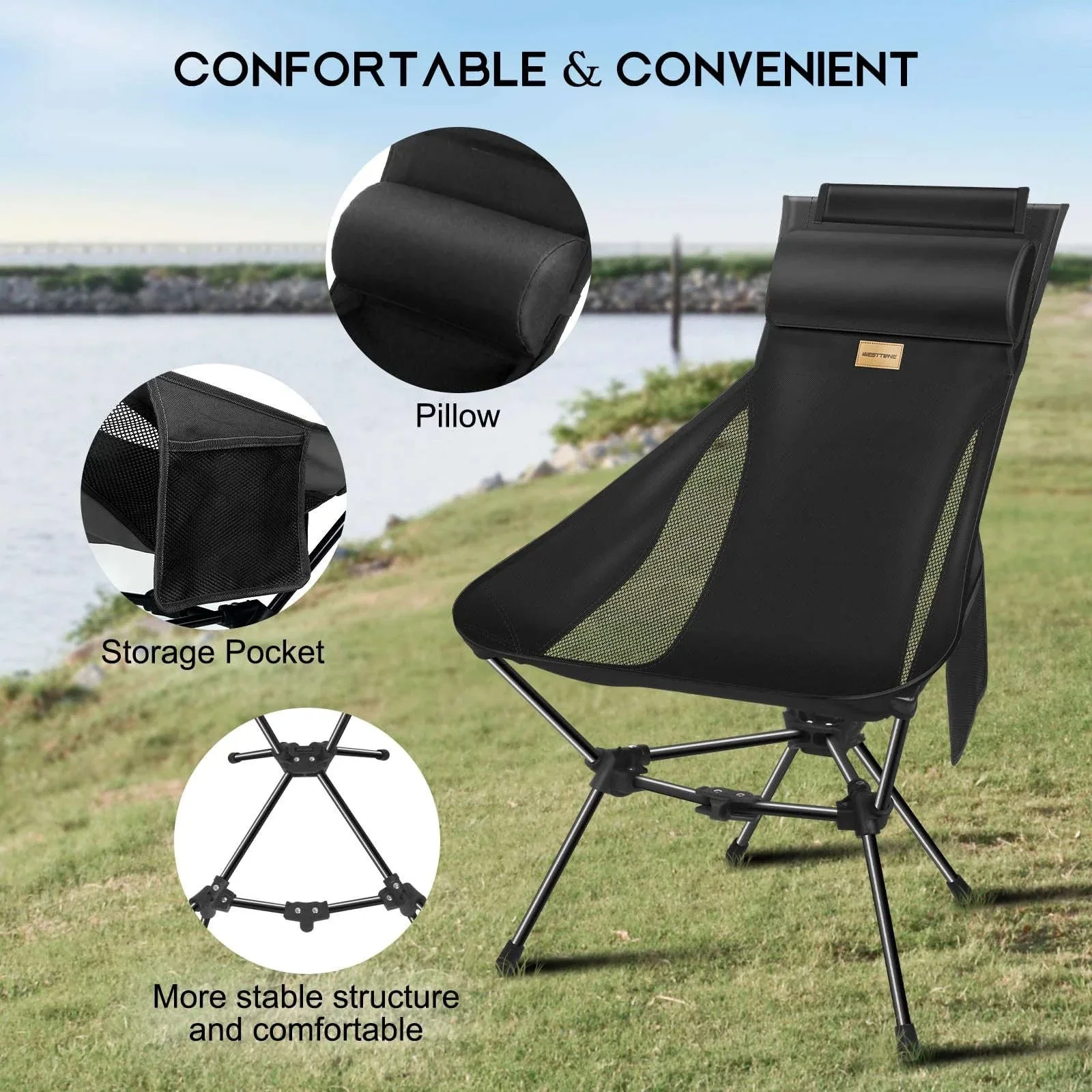 Portable Camping Chair with Headrest, 330 lb Folding Seat - Image 2