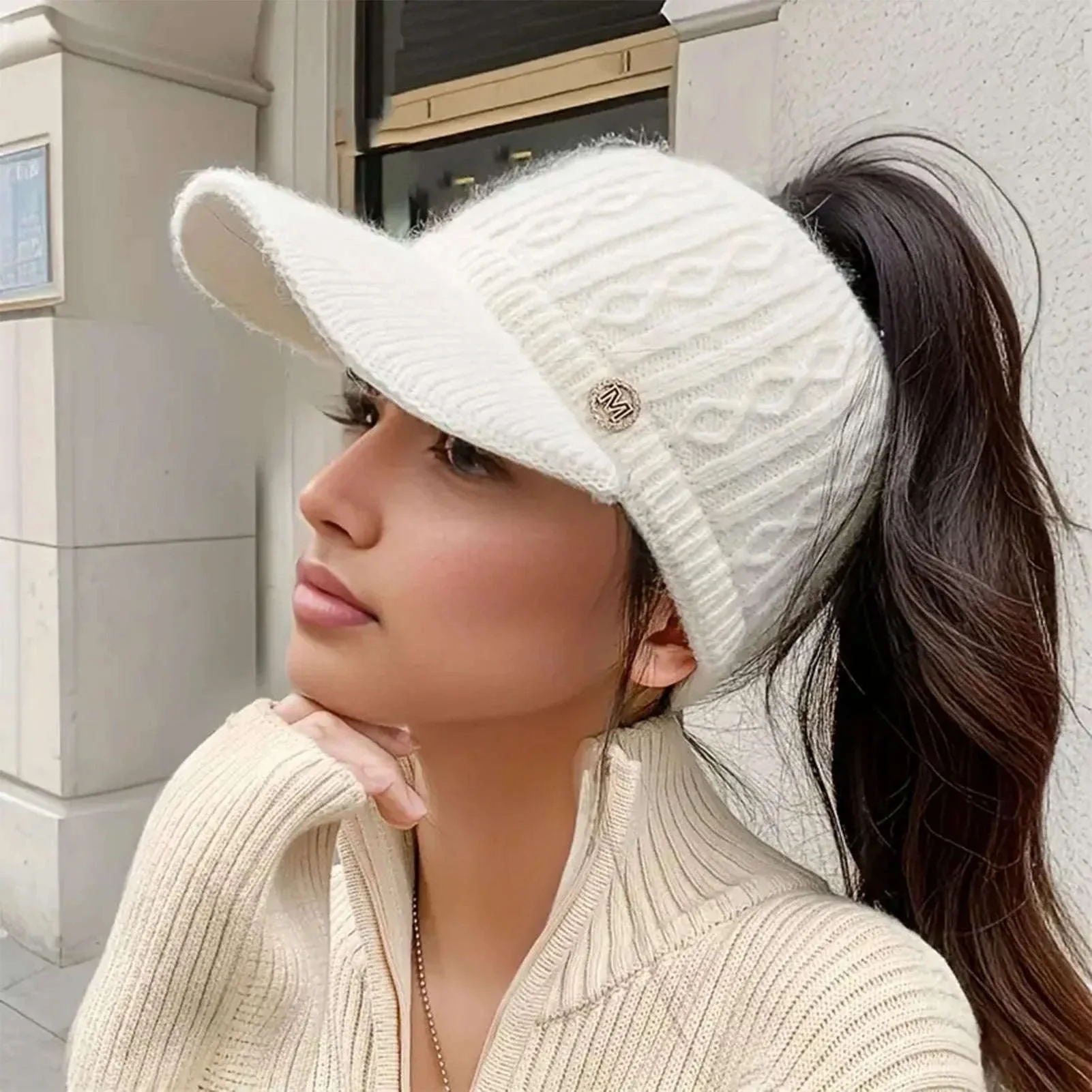 Winter Woolen Ponytail Cap for Women with Ponytail Opening - Image 11