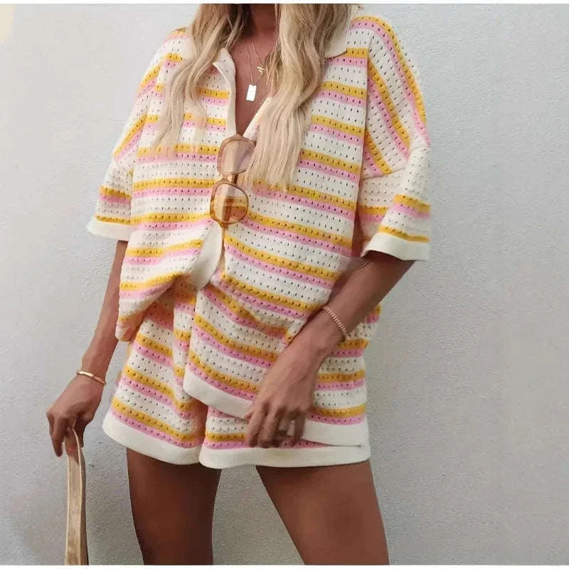 Women’s Breathable Striped Knit Cardigan & Shorts Lounge Set