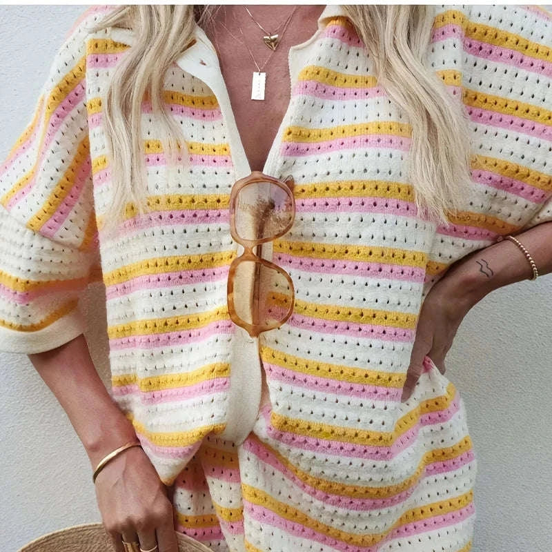Women’s Breathable Striped Knit Cardigan & Shorts Lounge Set - Image 2