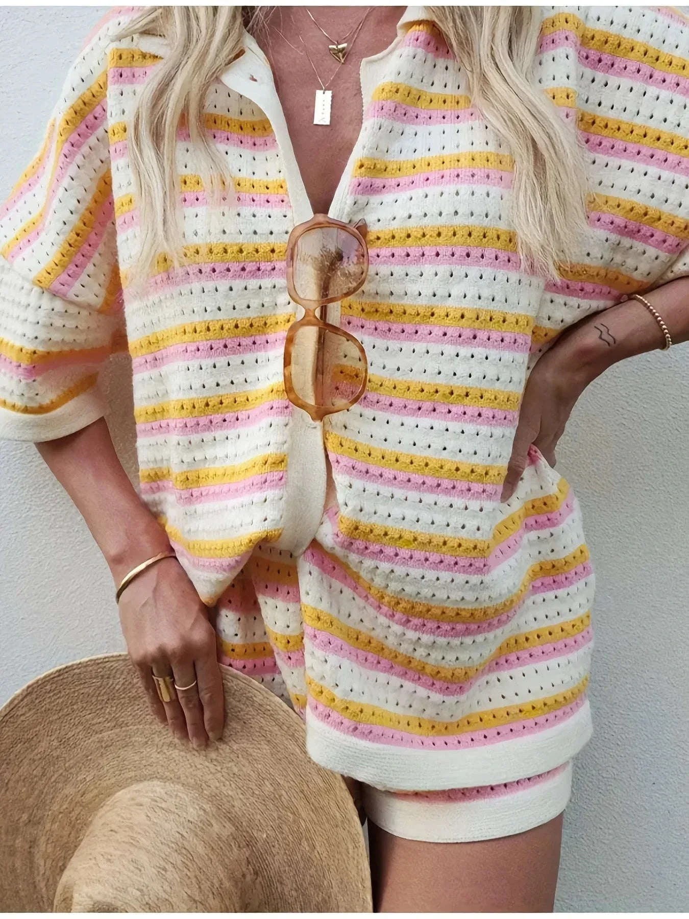 Women’s Breathable Striped Knit Cardigan & Shorts Lounge Set - Image 7