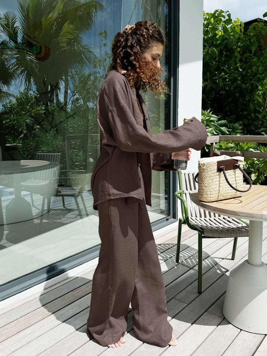 Women’s Cotton Lounge Set with Relaxed Shirt and Wide Leg Pants - Image 30
