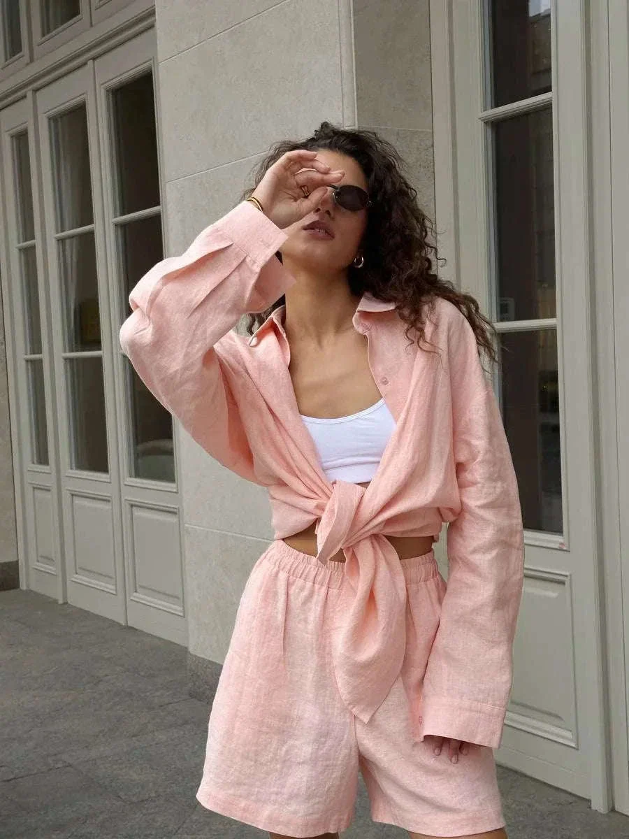 Women’s Cotton Lounge Set with Relaxed Shirt and Wide Leg Pants - Image 32