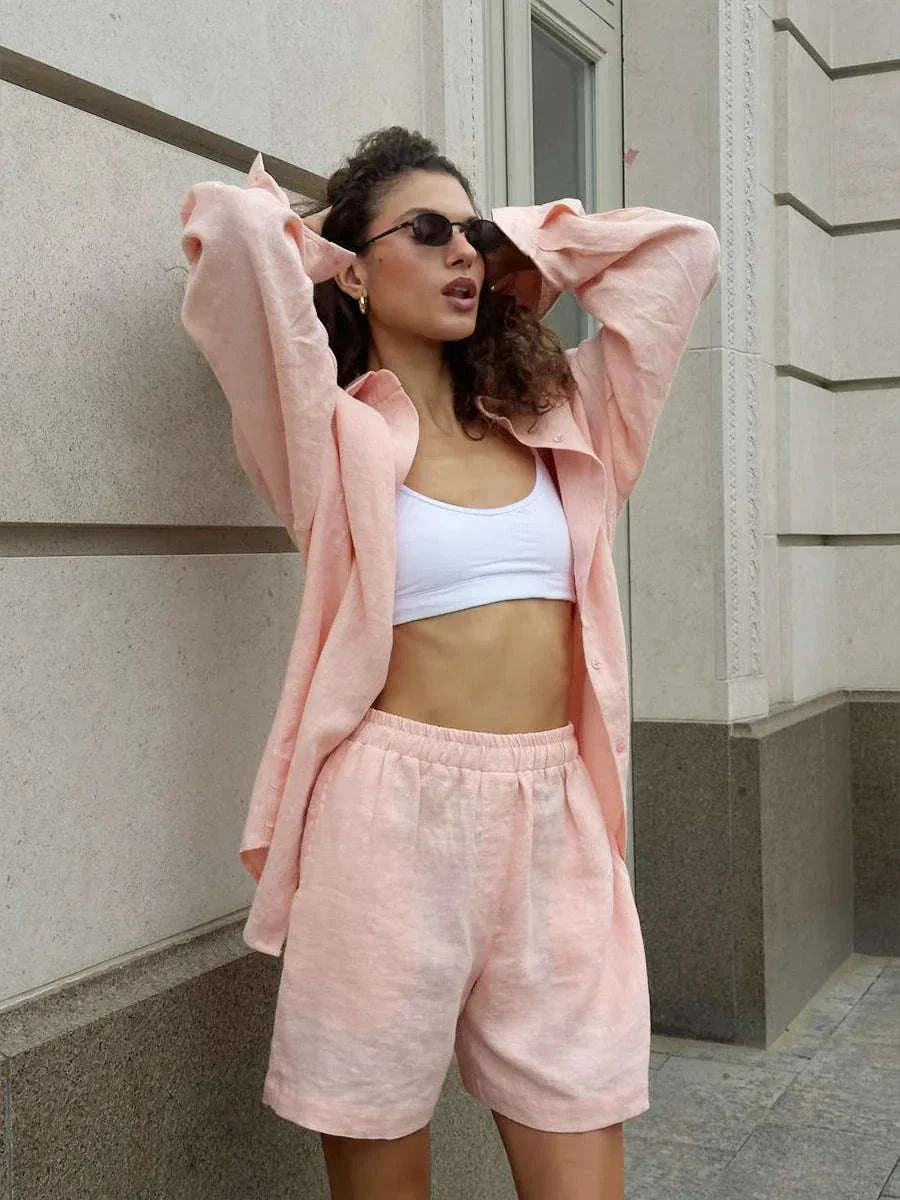 Women’s Cotton Lounge Set with Relaxed Shirt and Wide Leg Pants - Image 33
