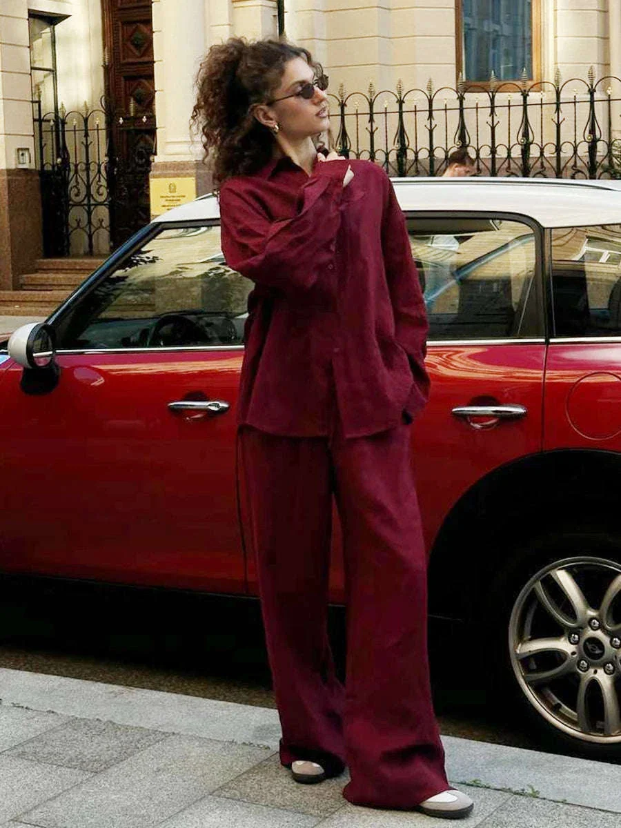 Women’s Cotton Lounge Set with Relaxed Shirt and Wide Leg Pants - Image 41