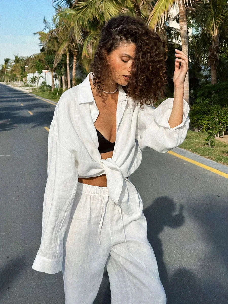 Women’s Cotton Lounge Set with Relaxed Shirt and Wide Leg Pants - Image 6