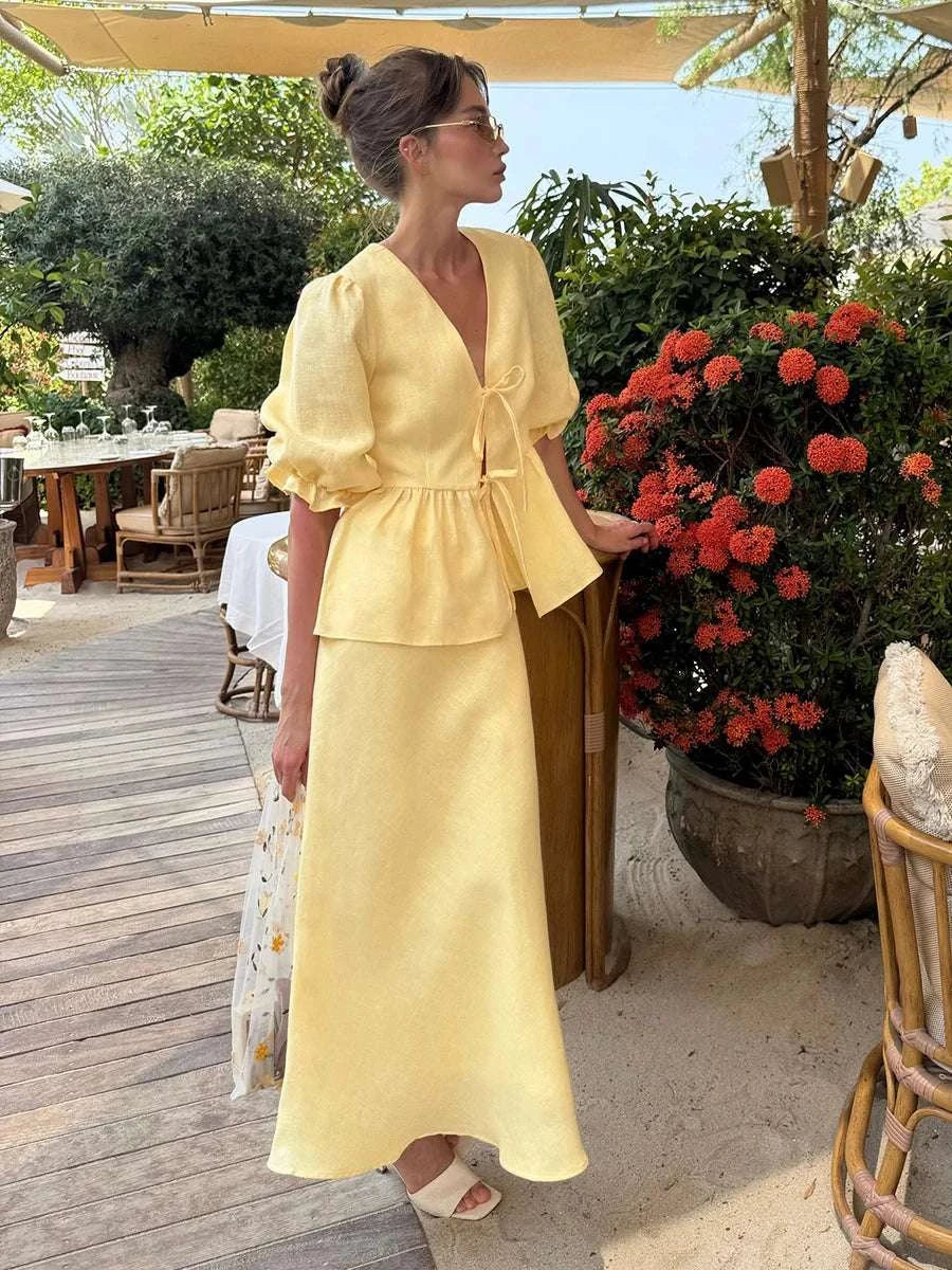 Women’s Cotton V-Neck Blouse & Long Skirt Two-Piece Set - Image 10