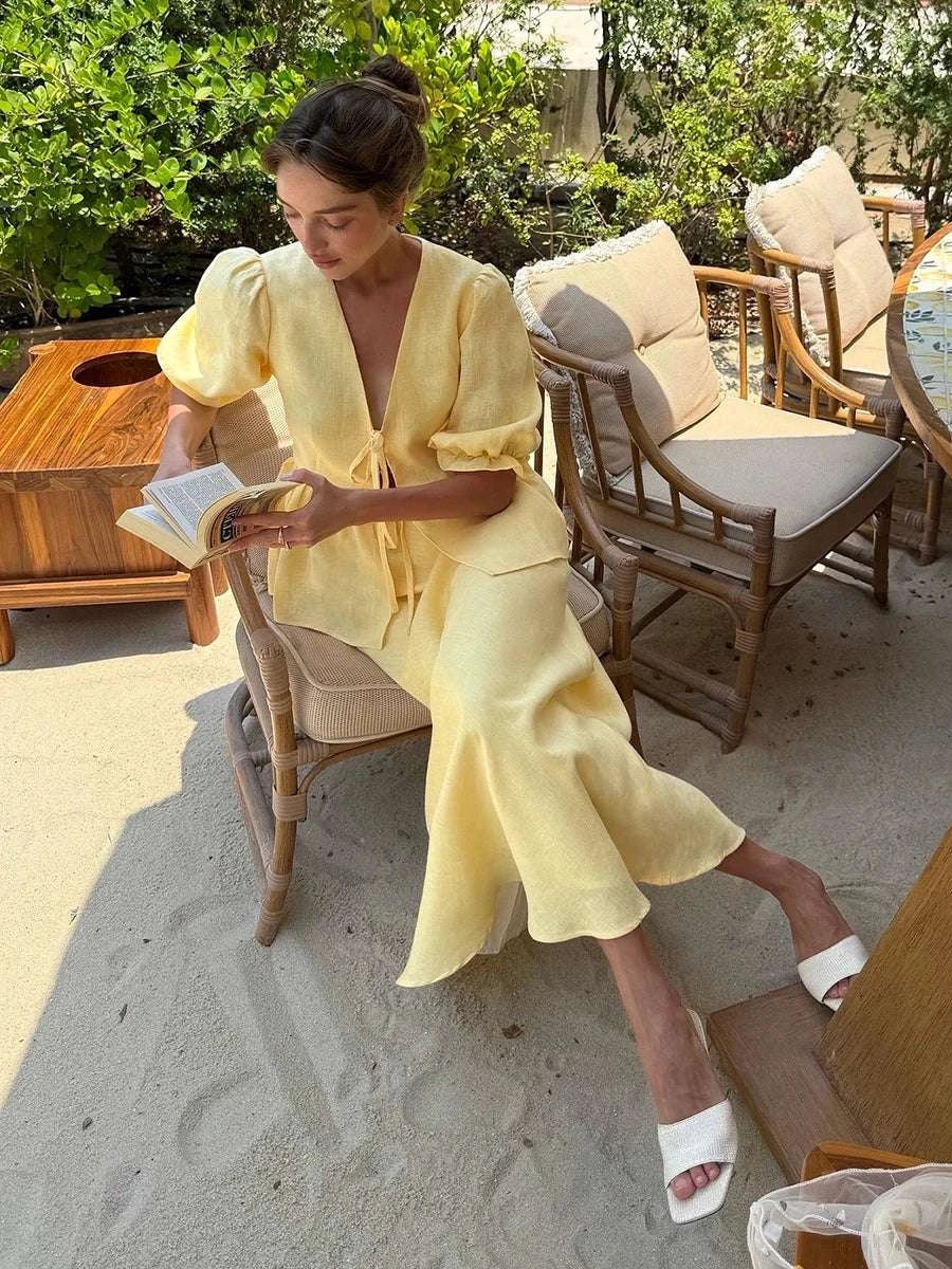 Women’s Cotton V-Neck Blouse & Long Skirt Two-Piece Set - Image 11