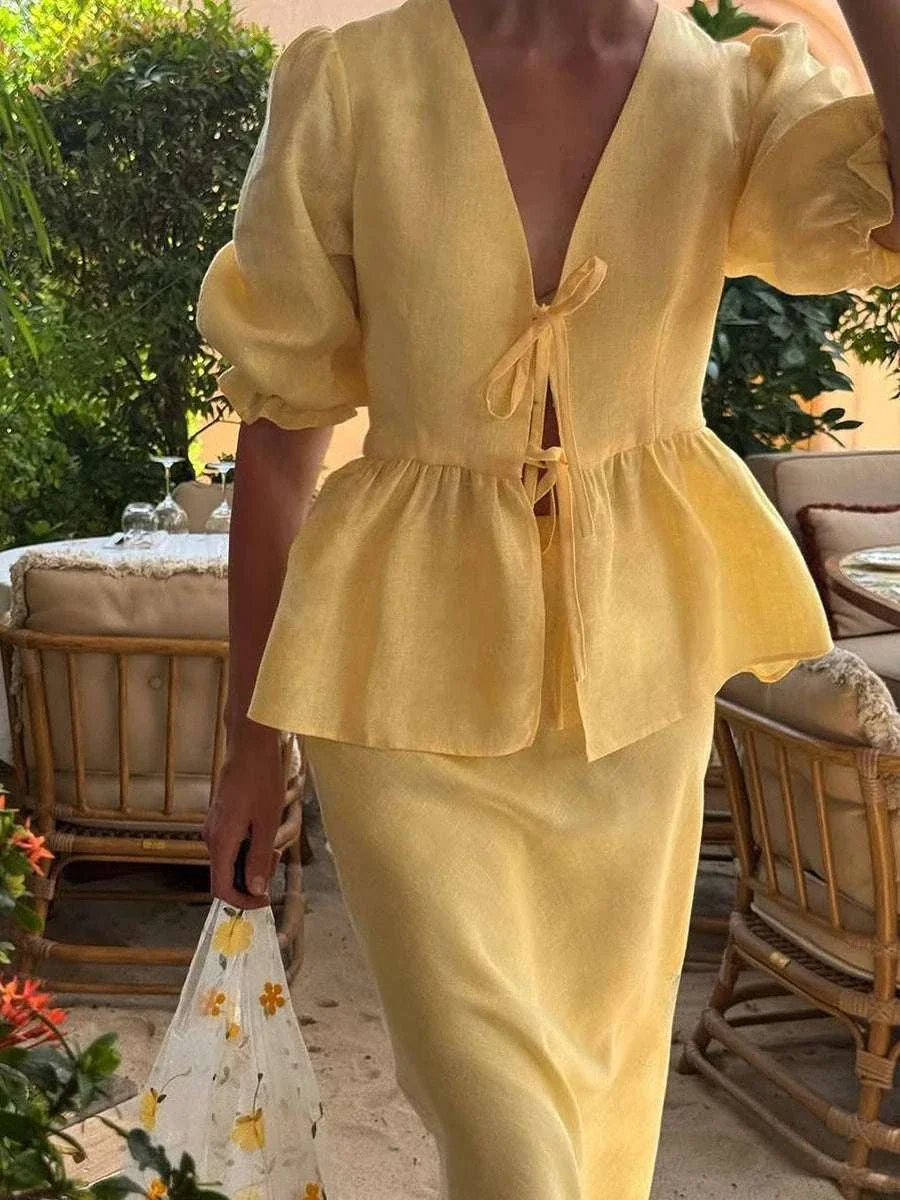 Women’s Cotton V-Neck Blouse & Long Skirt Two-Piece Set - Image 14