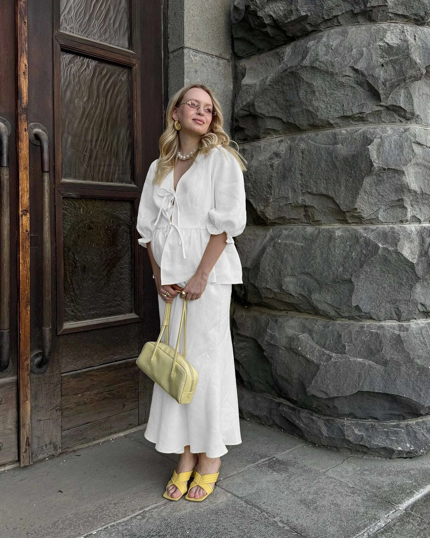 Women’s Cotton V-Neck Blouse & Long Skirt Two-Piece Set - Image 15