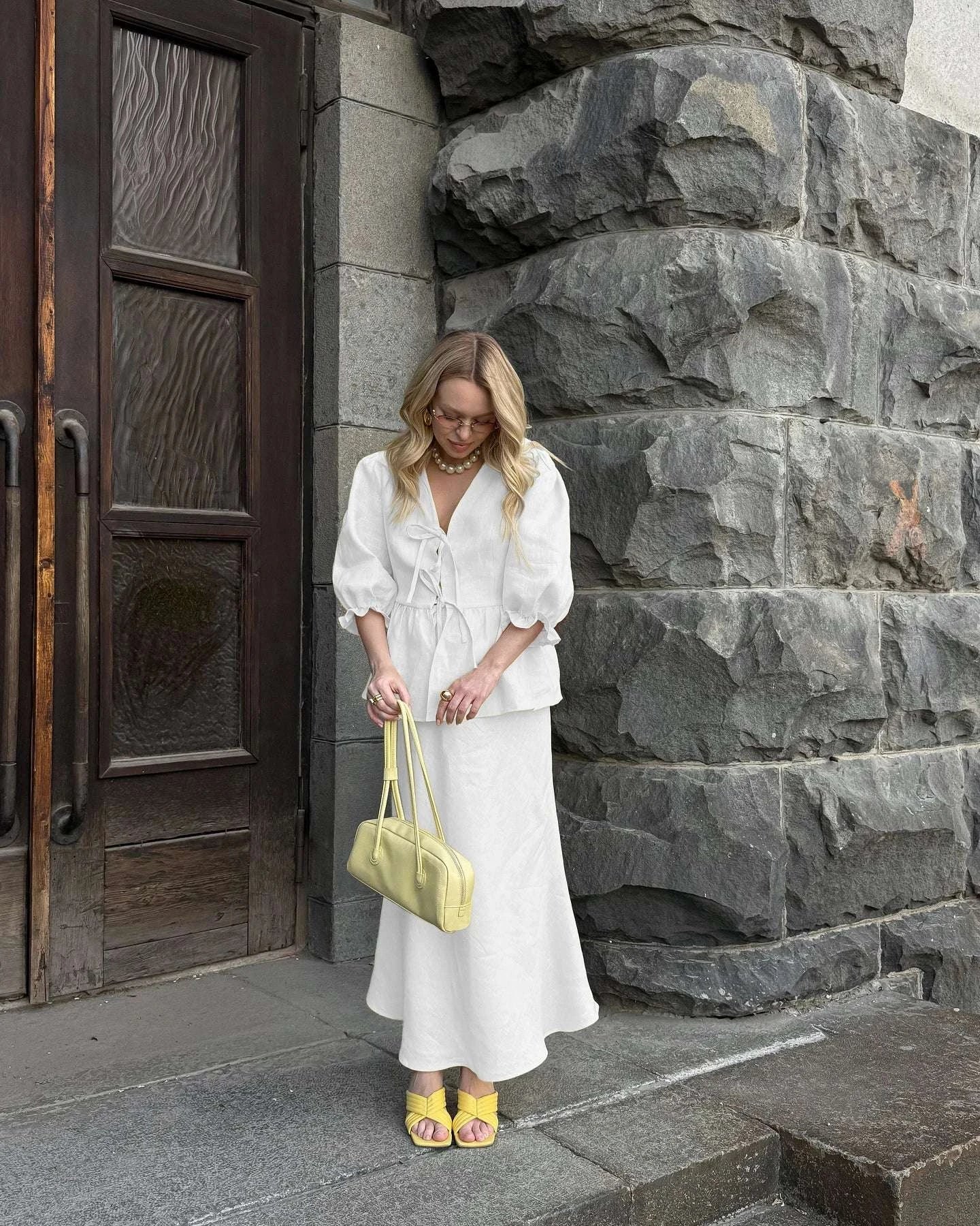 Women’s Cotton V-Neck Blouse & Long Skirt Two-Piece Set - Image 16