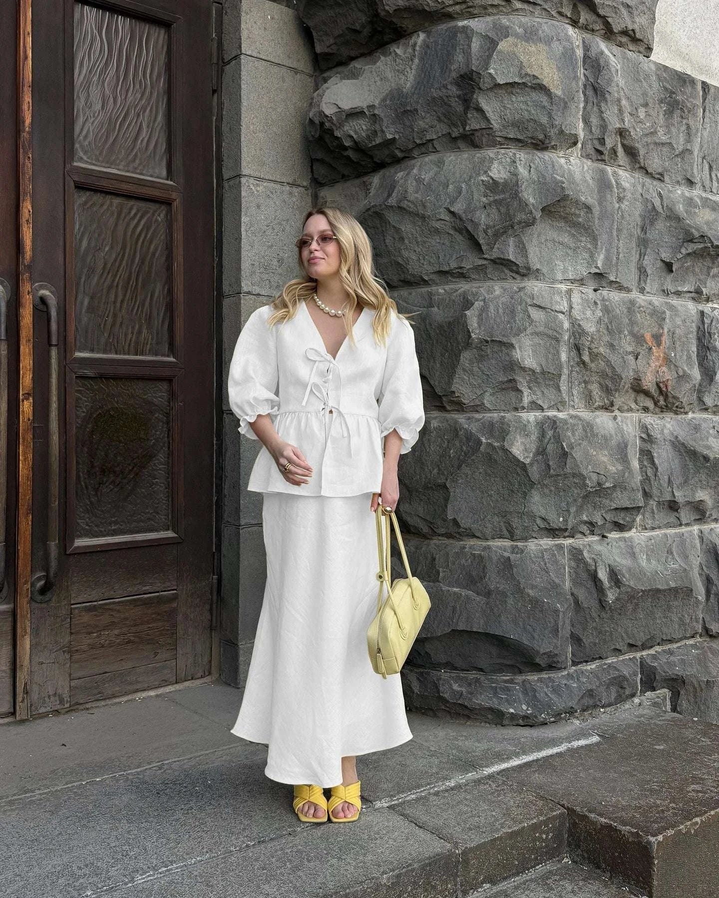Women’s Cotton V-Neck Blouse & Long Skirt Two-Piece Set - Image 17