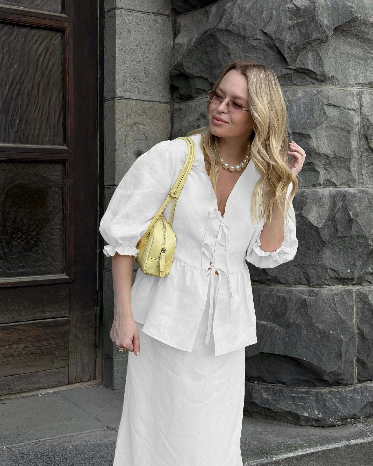 Women’s Cotton V-Neck Blouse & Long Skirt Two-Piece Set - Image 18