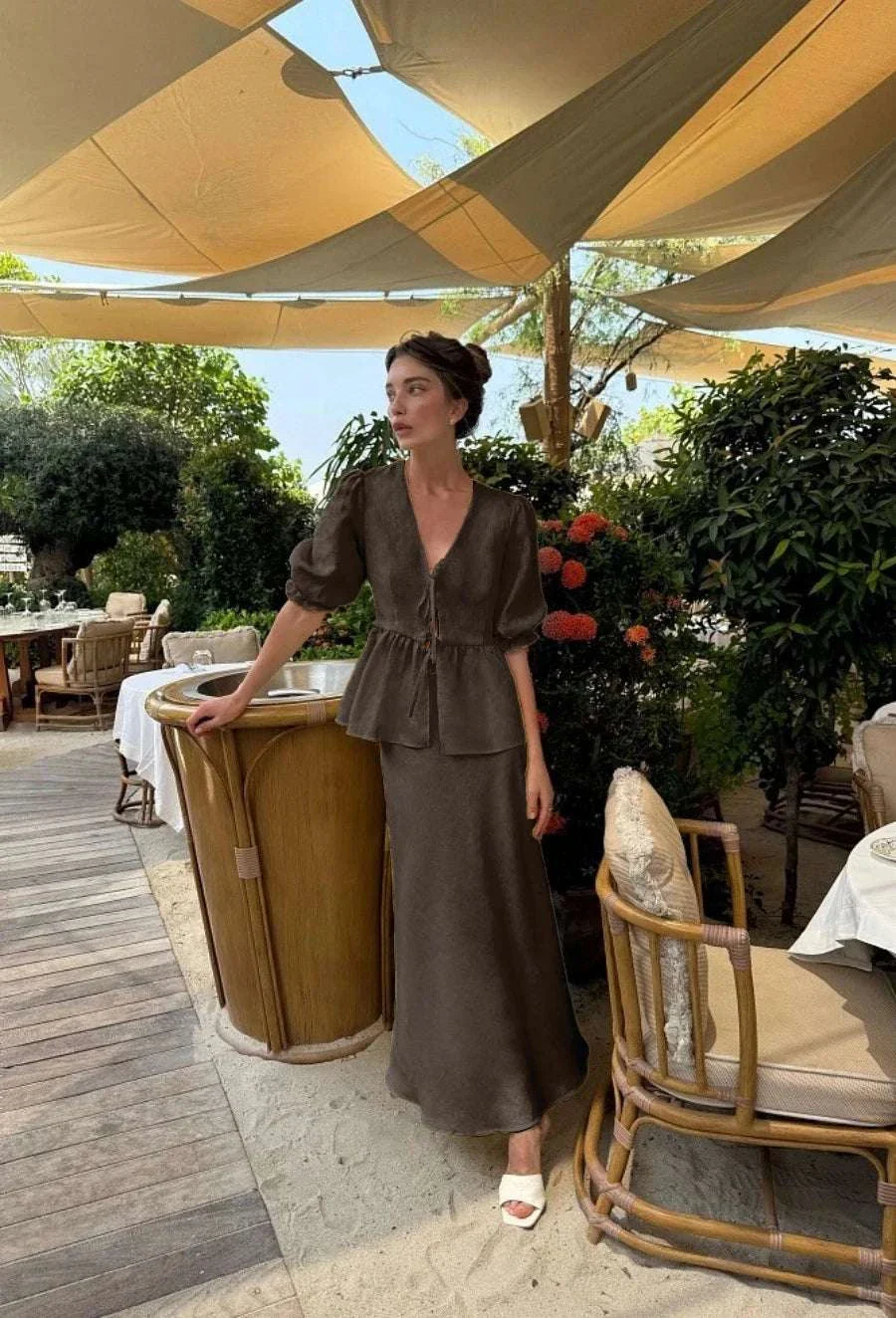 Women’s Cotton V-Neck Blouse & Long Skirt Two-Piece Set - Image 19