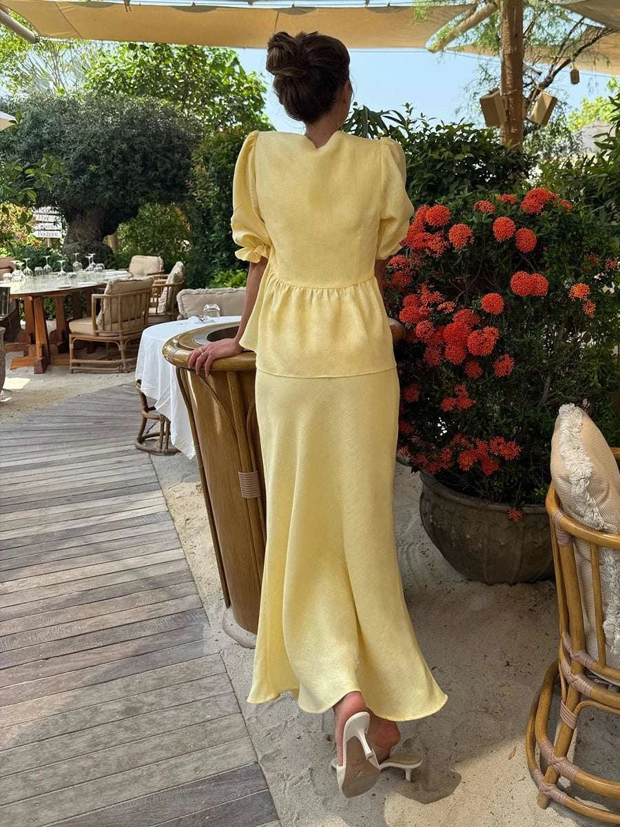 Women’s Cotton V-Neck Blouse & Long Skirt Two-Piece Set - Image 2