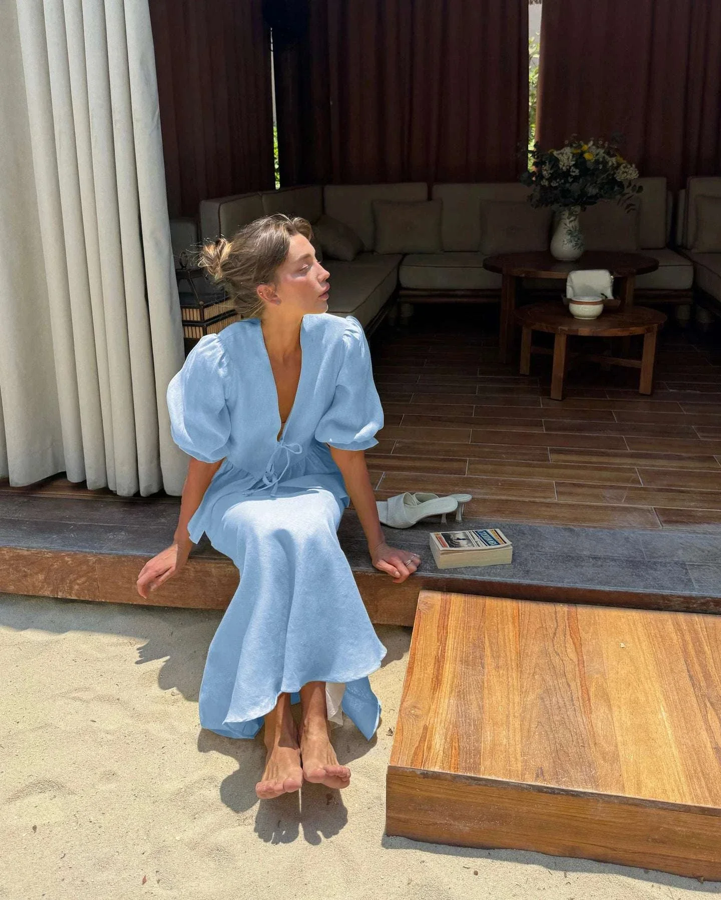 Women’s Cotton V-Neck Blouse & Long Skirt Two-Piece Set - Image 23