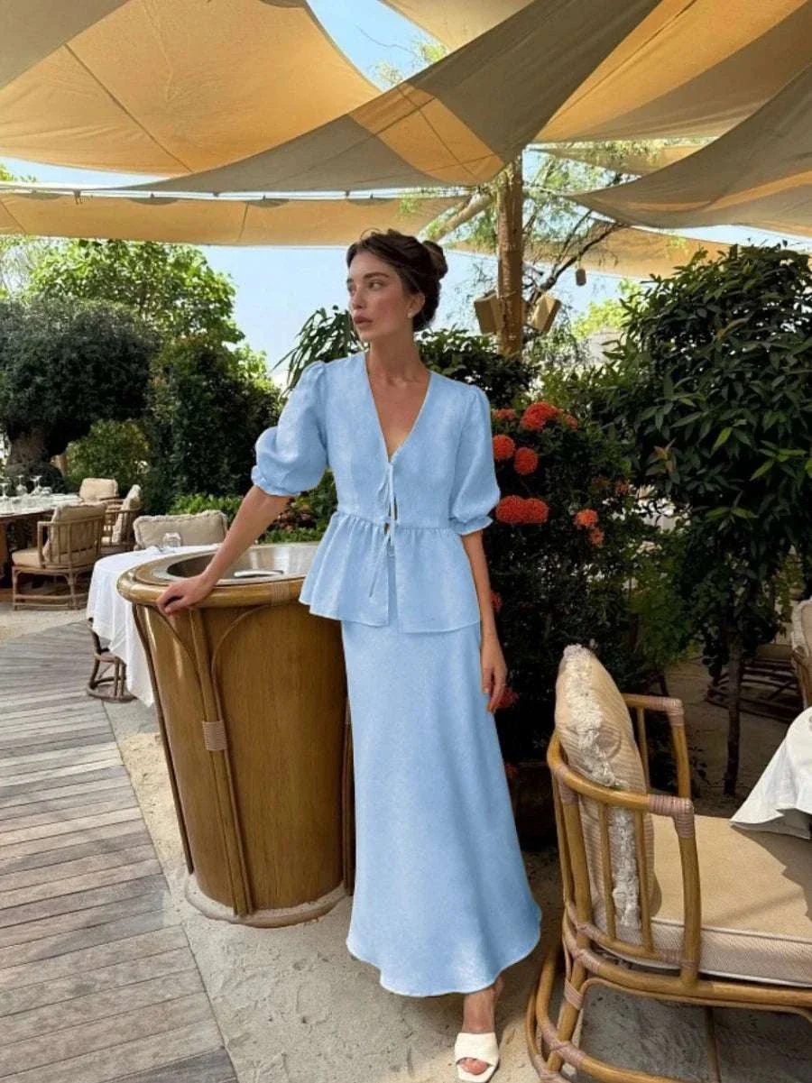 Women’s Cotton V-Neck Blouse & Long Skirt Two-Piece Set - Image 24