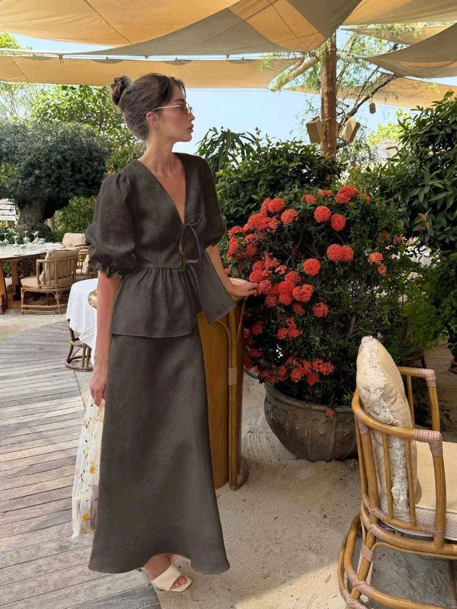 Women’s Cotton V-Neck Blouse & Long Skirt Two-Piece Set - Image 25