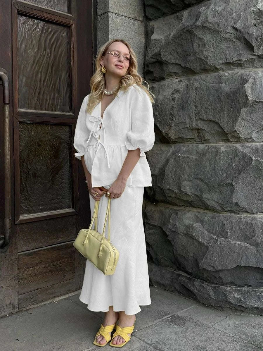 Women’s Cotton V-Neck Blouse & Long Skirt Two-Piece Set - Image 26