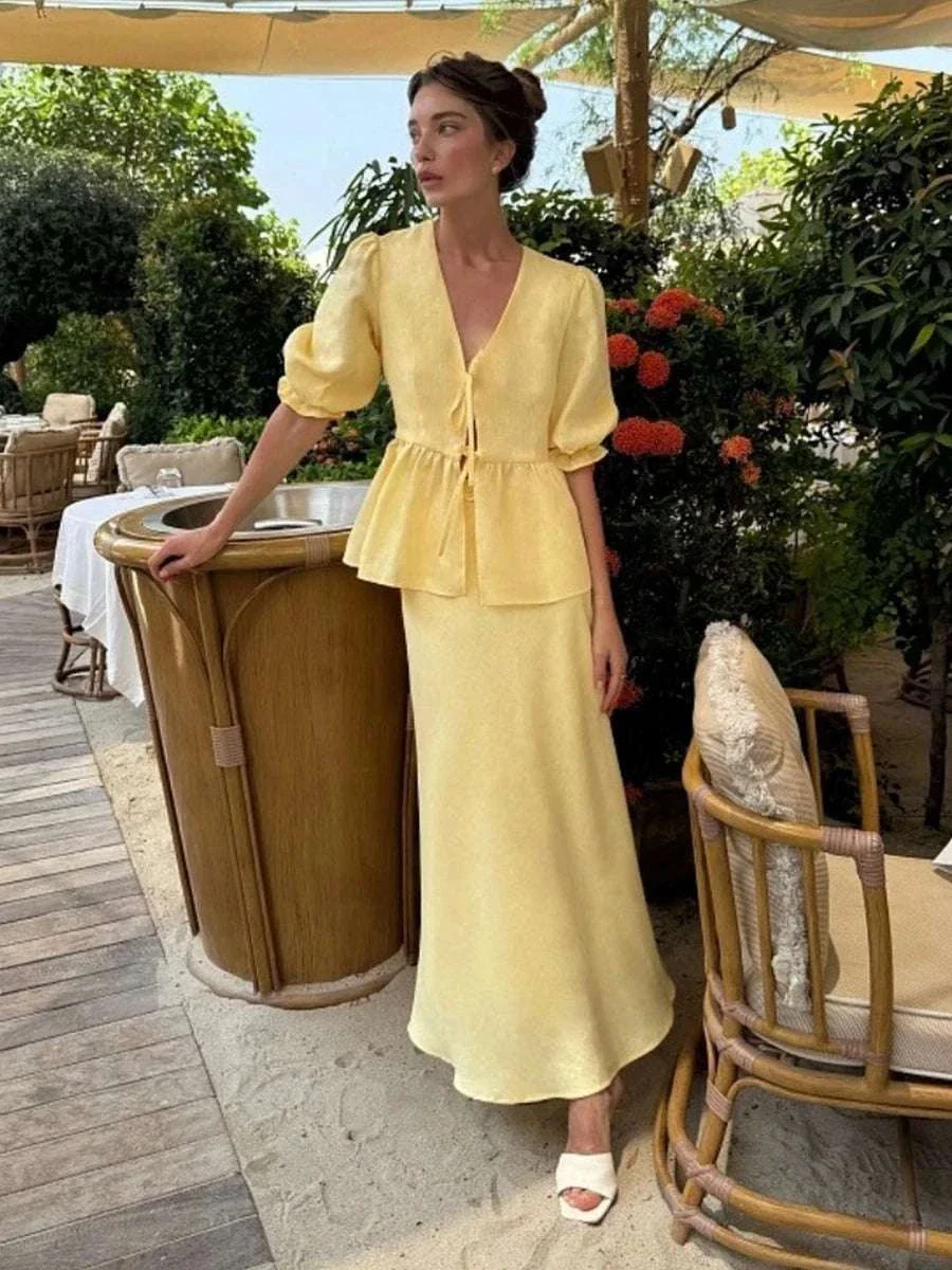 Women’s Cotton V-Neck Blouse & Long Skirt Two-Piece Set - Image 27