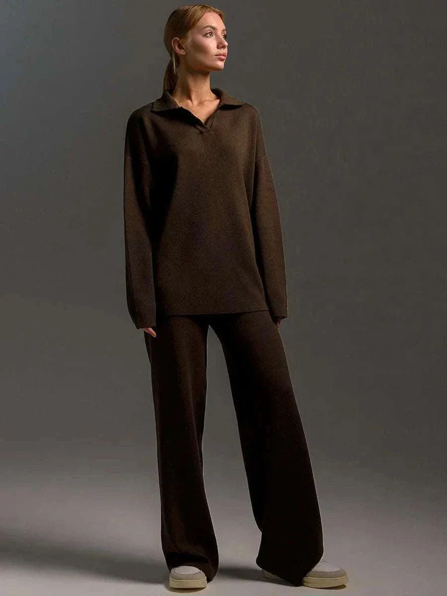 Women’s Cozy Knitted Polo Sweater & Wide Leg Pants Set - Image 18