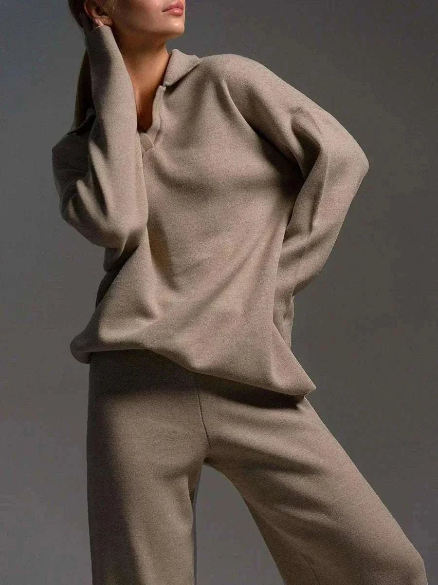 Women’s Cozy Knitted Polo Sweater & Wide Leg Pants Set - Image 2