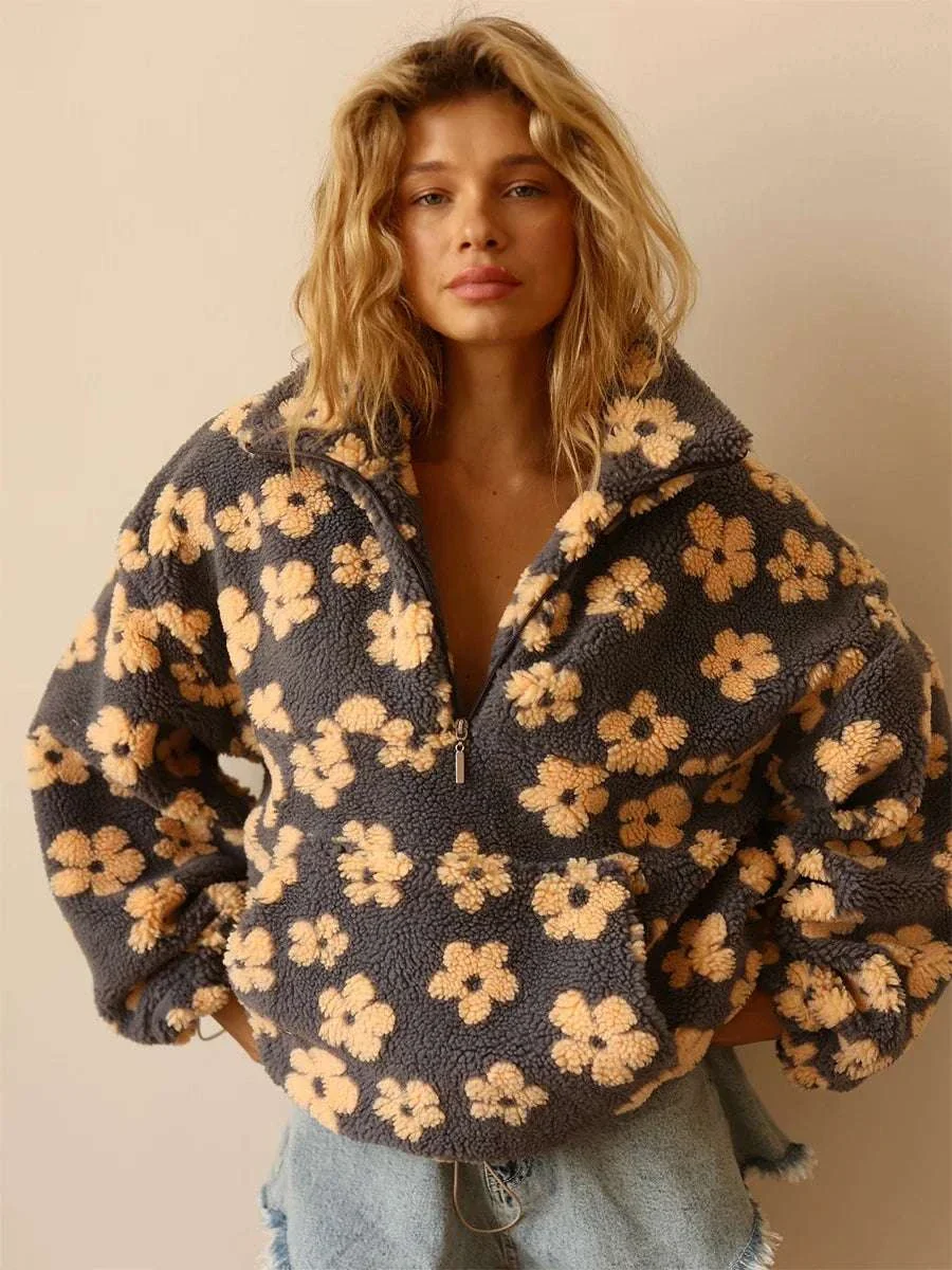 Women's Floral Sherpa Half Zip Pullover – Cozy Loose Fit Sweatshirt - Image 27