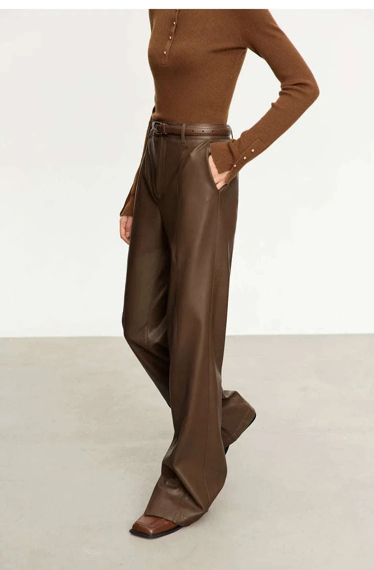 Women's Loose PU Leather Straight Leg Pants with Side Slit Floor Length - Image 13