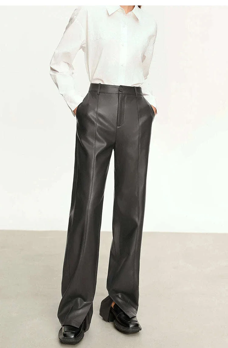 Women's Loose PU Leather Straight Leg Pants with Side Slit Floor Length - Image 14