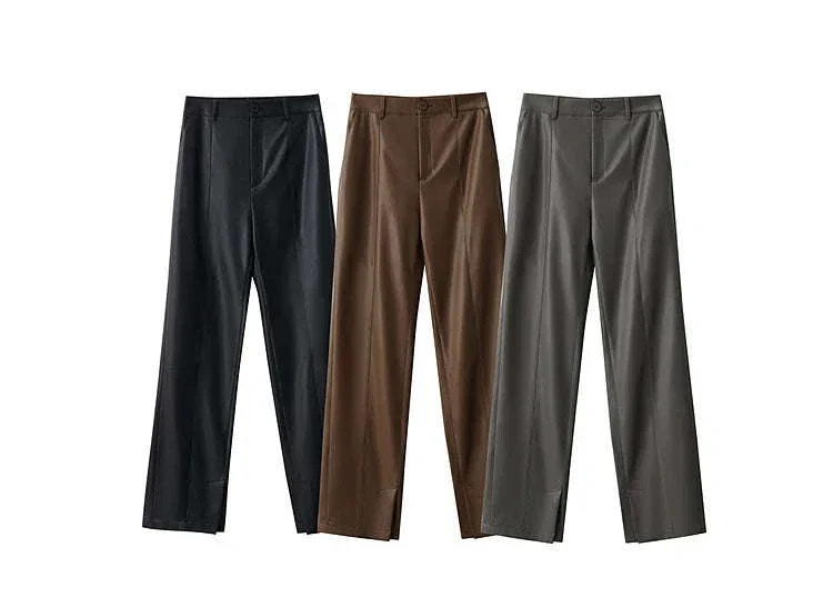 Women's Loose PU Leather Straight Leg Pants with Side Slit Floor Length - Image 18