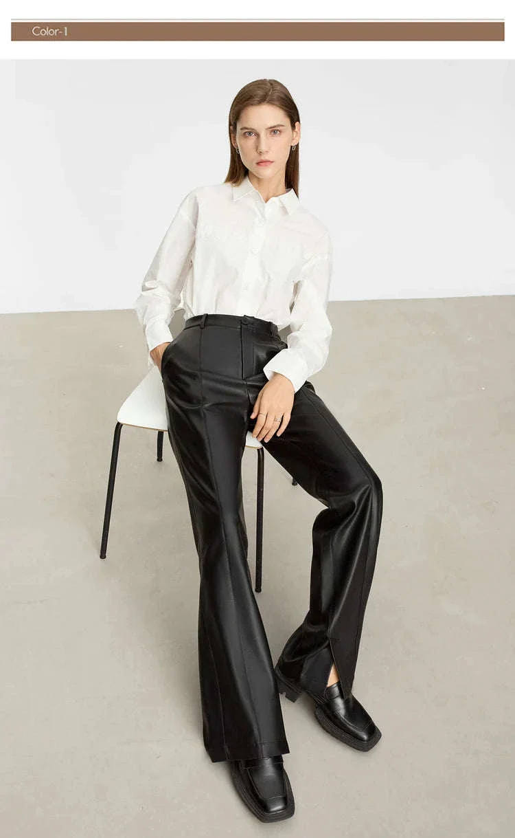 Women's Loose PU Leather Straight Leg Pants with Side Slit Floor Length - Image 19