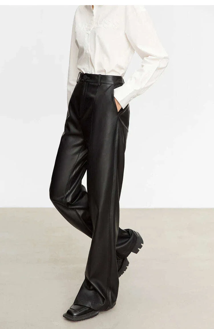 Women's Loose PU Leather Straight Leg Pants with Side Slit Floor Length - Image 20